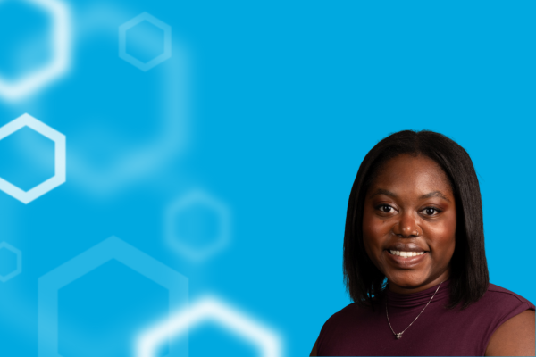 Ketia Hanson (right) with a blue background and white hexagons on the left.